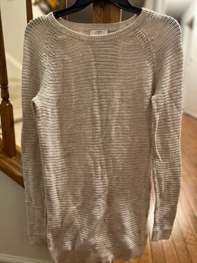 LOFT Neutral Beige Open-Weave Crewneck Sweater